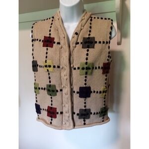 Lisa Nichols Womens Brown Cotton Knit Patchwork Grid Button Front Sweater Vest M